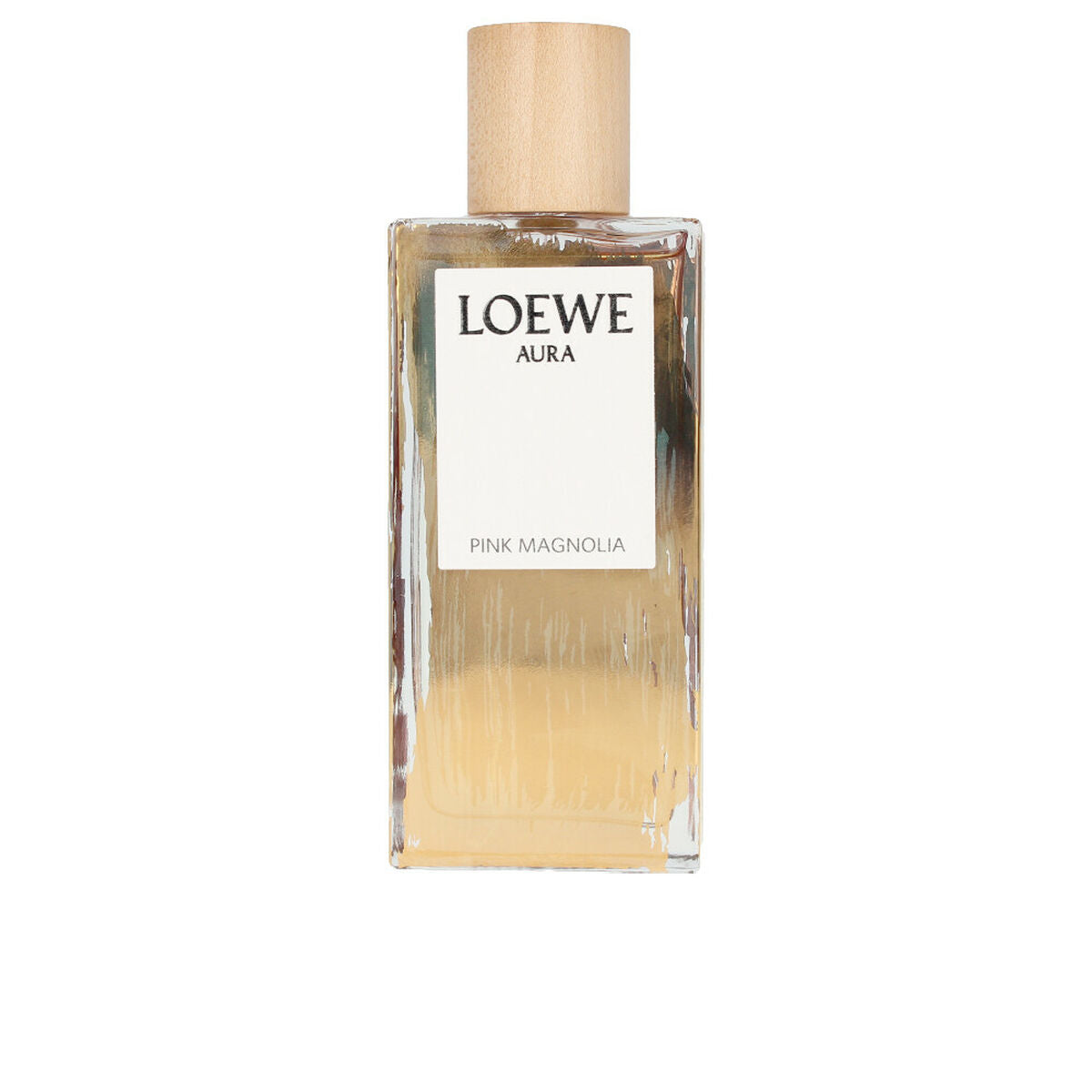 Bouteille de parfum Loewe Aura Pink Magnolia, élégante et raffinée, avec bouchon en bois.