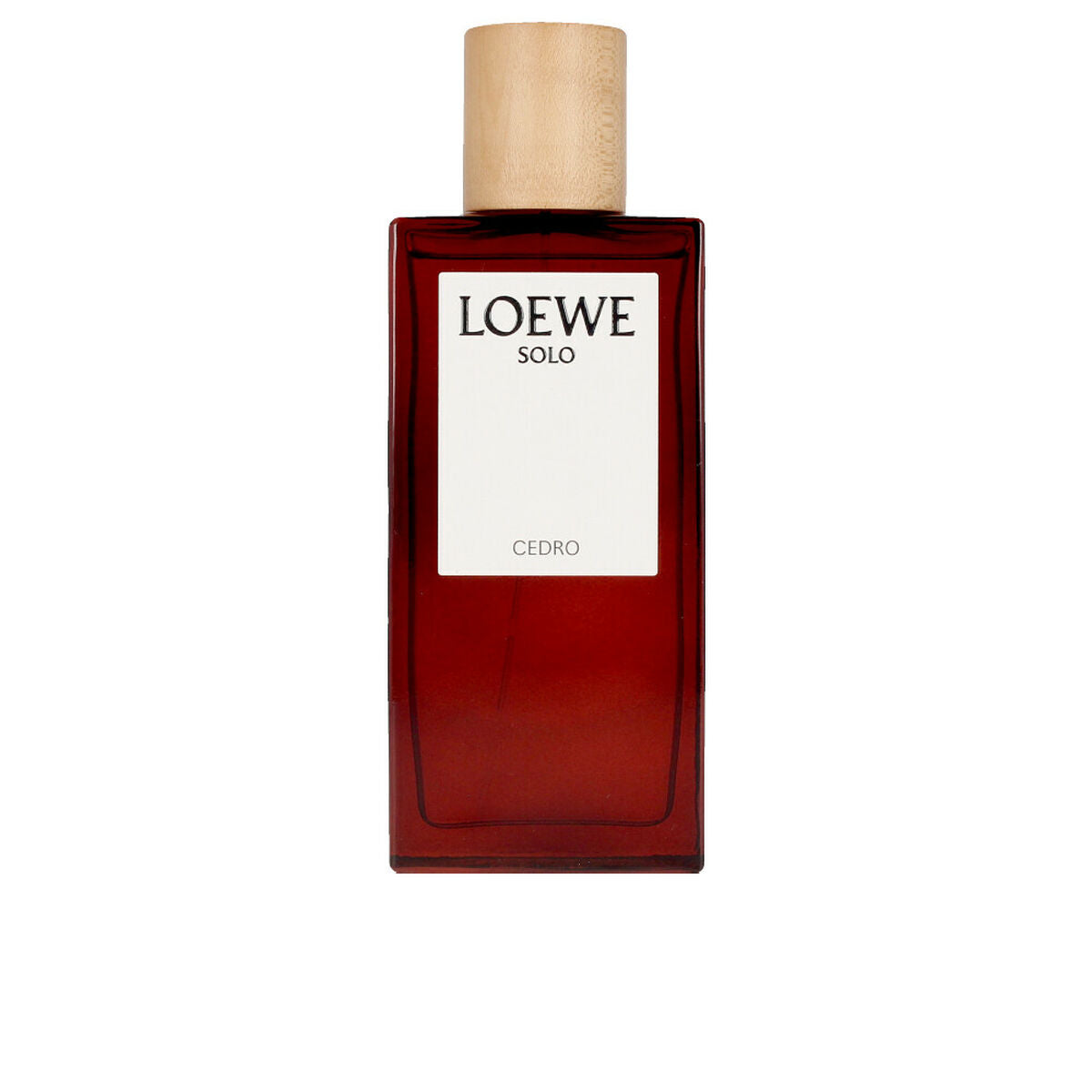Bouteille de parfum Loewe Solo Cedro avec flacon en verre rouge et bouchon en bois.