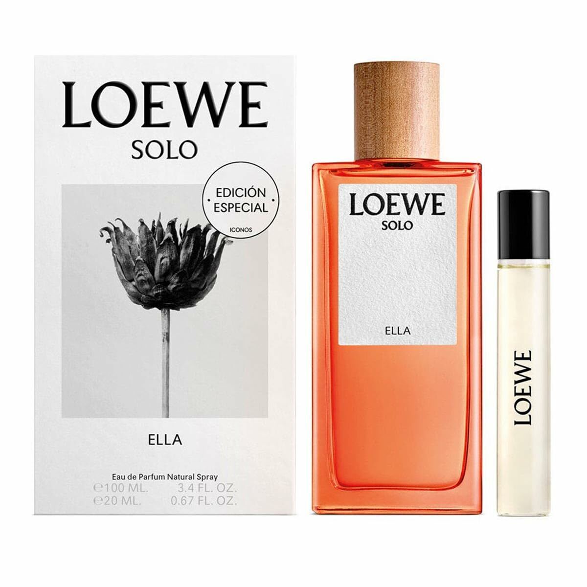 Parfum Femme Loewe Solo Ella en édition spéciale, incluant un spray de 100 ml et un format voyage de 20 ml.