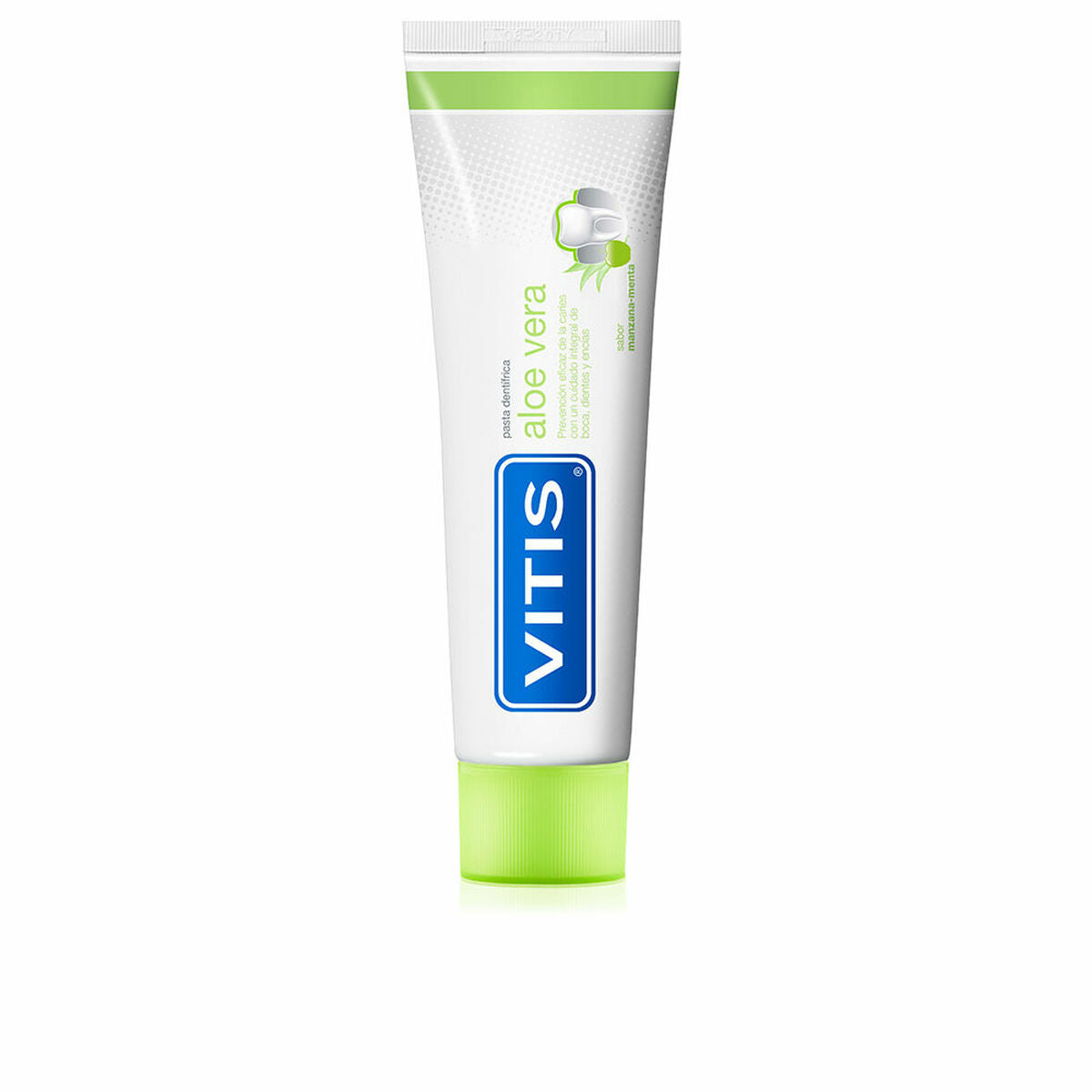 Dentifrice Vitis Aloe Vera 100 ml tube for fresh breath and oral hygiene, with mint and apple flavor.