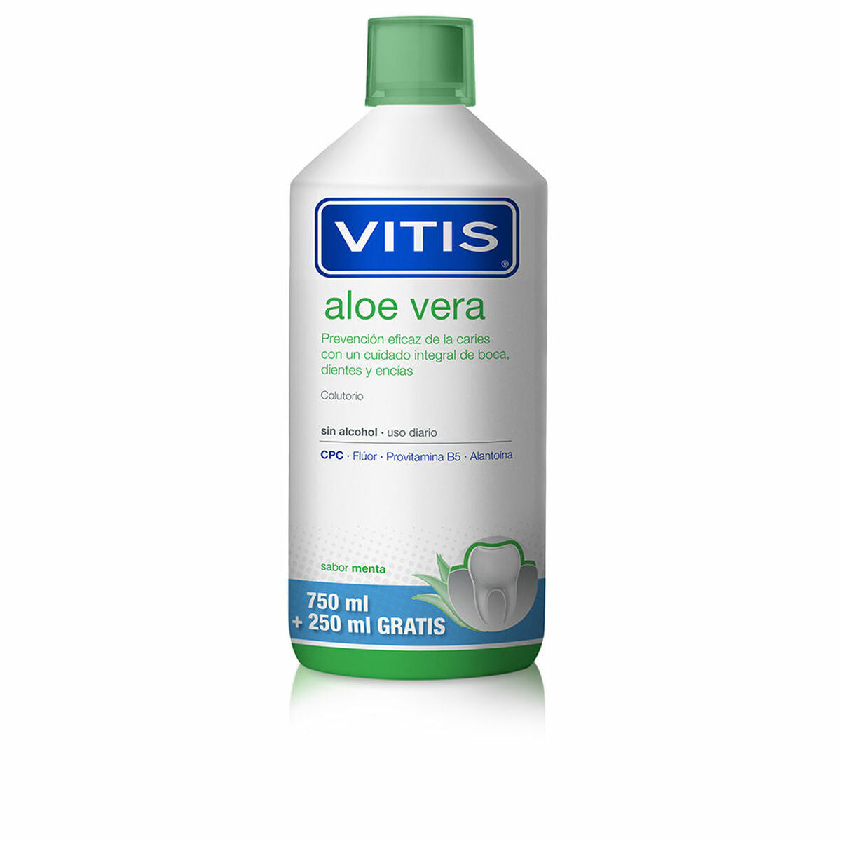 Bain de Bouche Vitis Aloe Vera 1L pour une hygiène buccale optimale, sans alcool, saveur menthe.