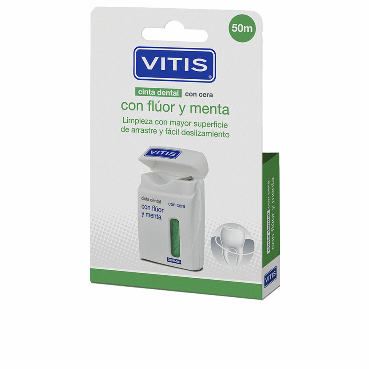 Fil dentaire Vitis avec fluor et menthe, 50m, pour une hygiène buccale optimale et un nettoyage facile.