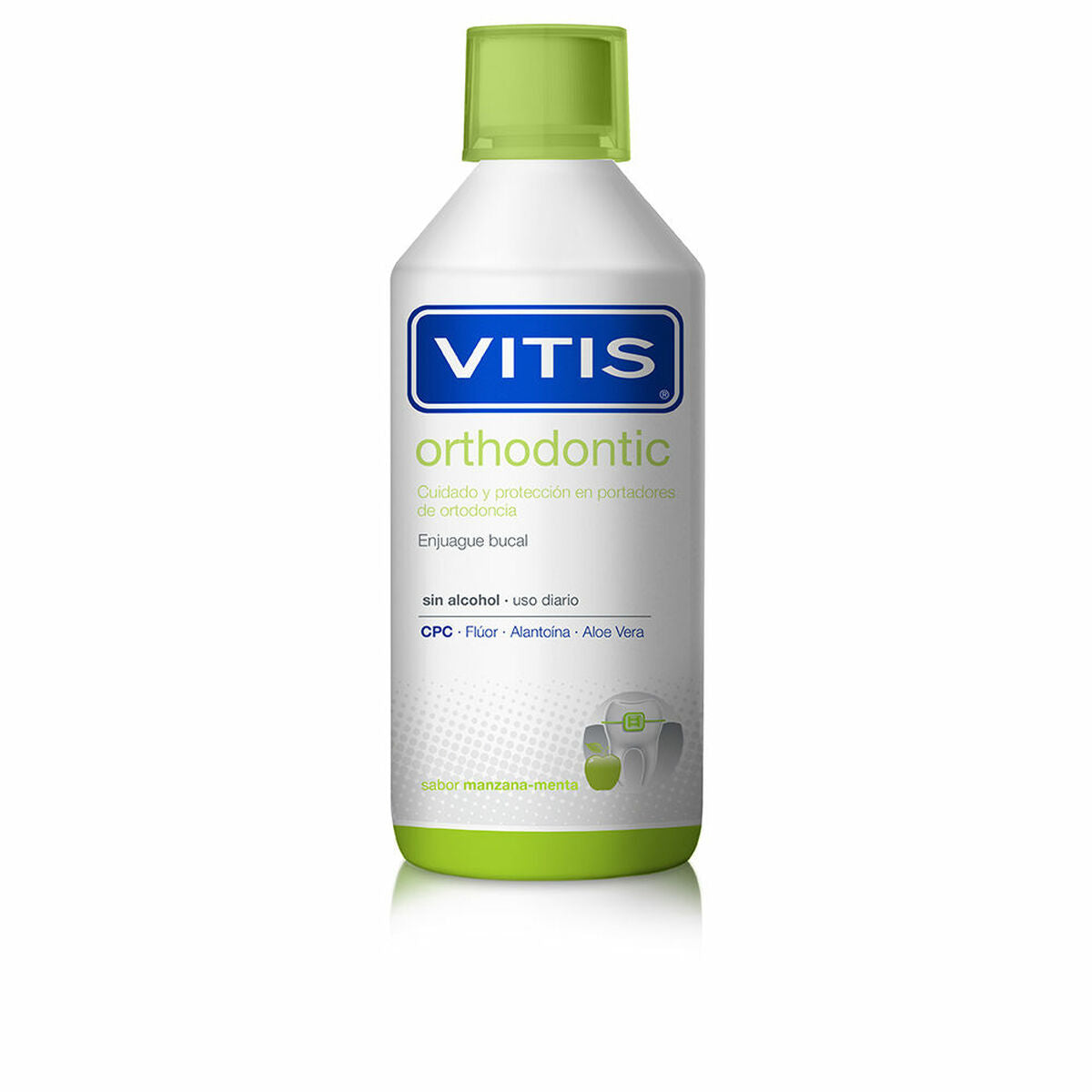 Bain de Bouche Vitis Orthodontic Menthe Pomme 1L, hygiène buccale, sans alcool, saveur pomme menthe, usage quotidien.