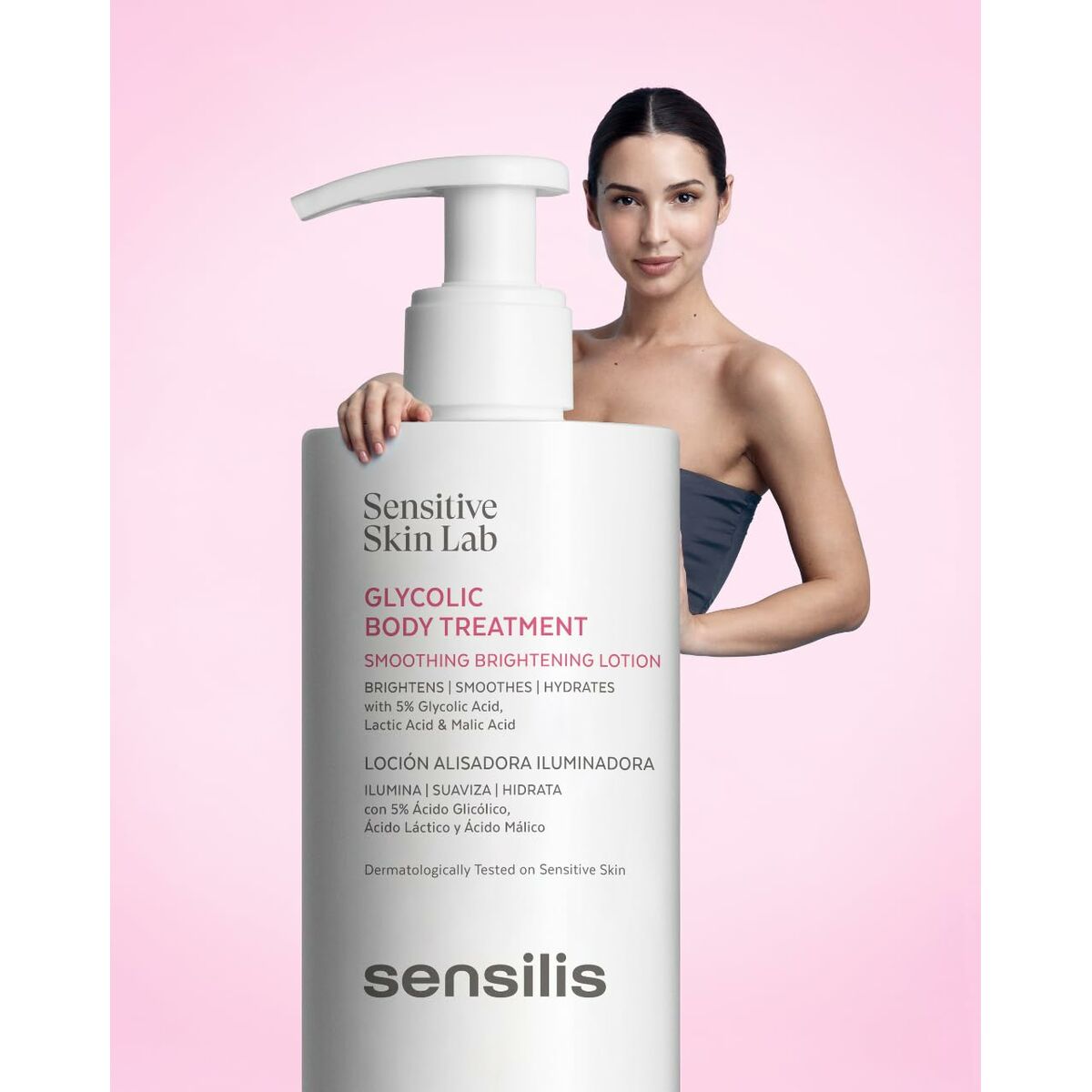 Lotion corporelle Sensilis BODY TREATMENT 200 ml avec doseur, idéale pour peau sensible, hydratation et éclat.