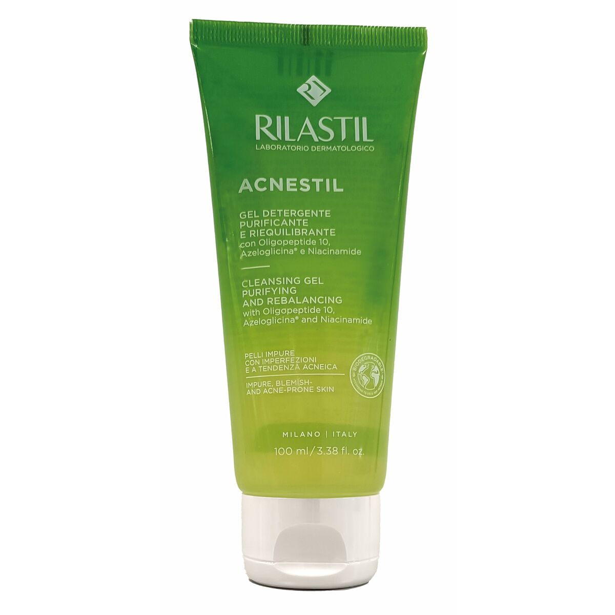 Gel nettoyant visage Rilastil ACNESTIL 100 ml, hypoallergénique, pour peau mixte & grasse, texture gel.