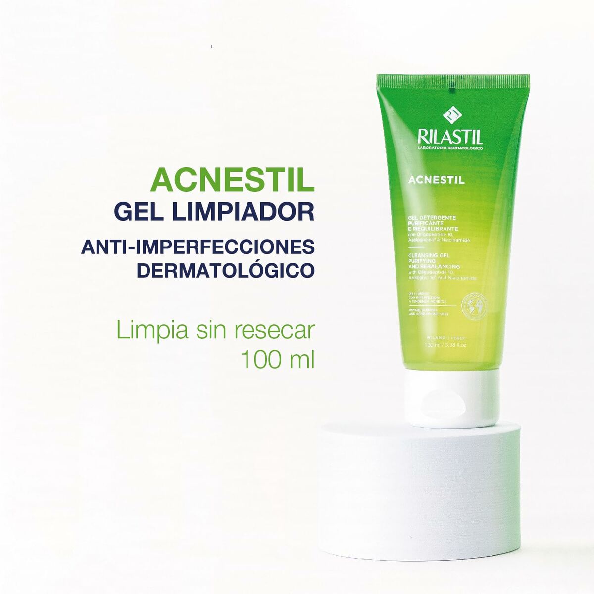 Gel nettoyant visage Rilastil ACNESTIL 100 ml, anti-imperfections et hypoallergénique pour peau mixte et grasse.