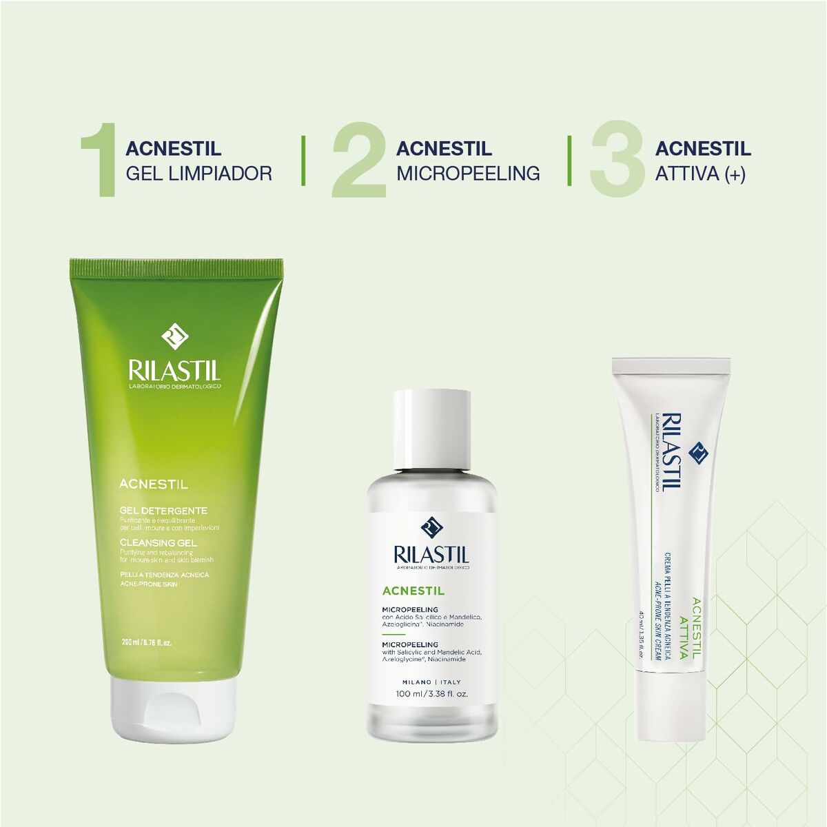 Range of Rilastil Acnestil products: cleansing gel, micro peeling, and active cream for acne-prone skin.
