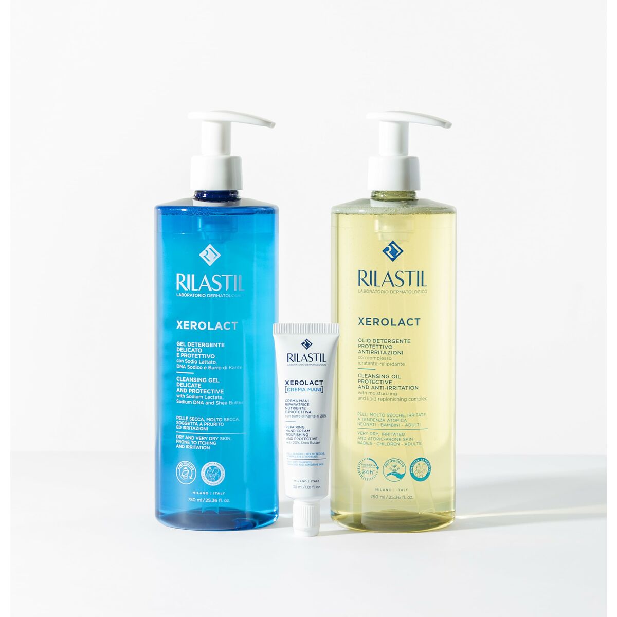 Rilastil Xerolact facial cleansing gel and cream, 750ml, hypoallergenic dermocosmetics in a professional setting.