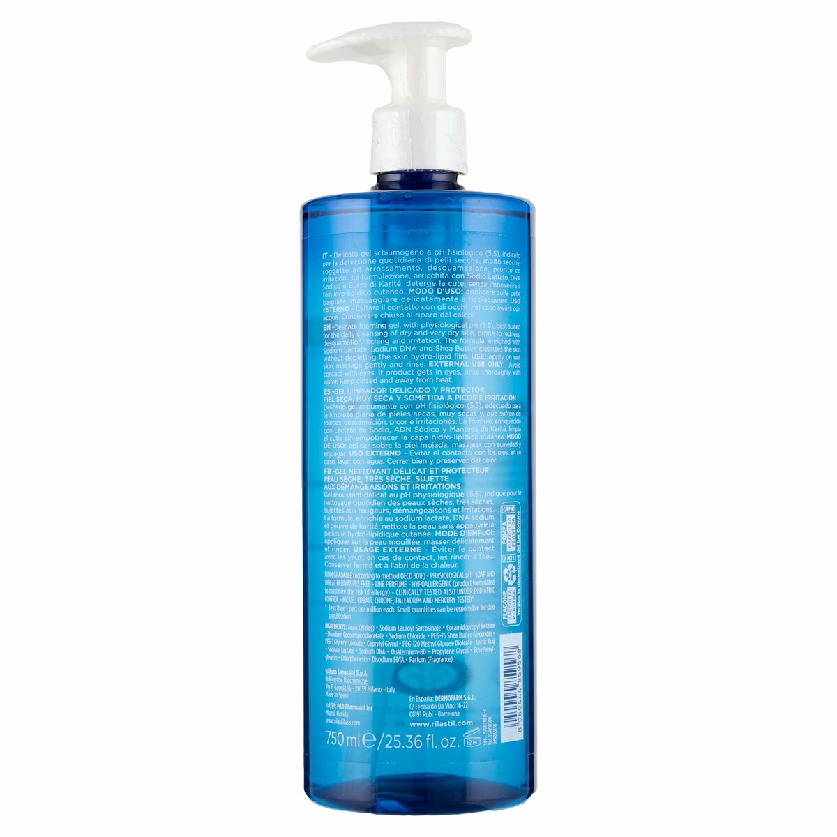 Gel nettoyant visage Rilastil XEROLACT 750 ml en bouteille bleue avec pompe, arrière étiqueté.