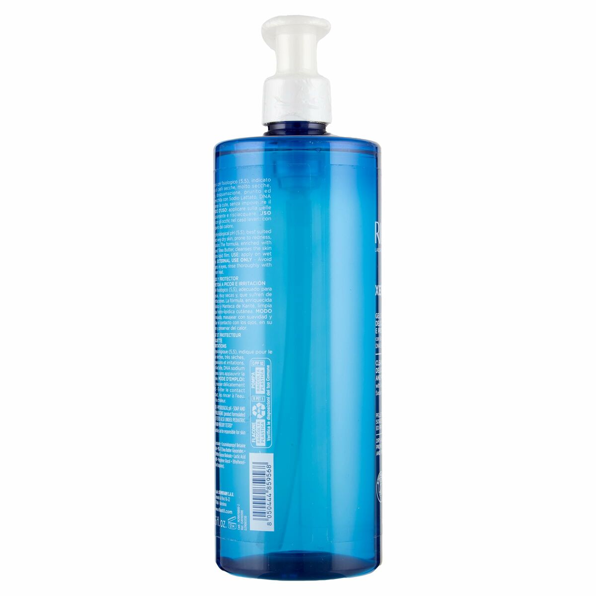 Gel nettoyant visage Rilastil XEROLACT 750 ml, flacon bleu pour une peau propre et hydratée.