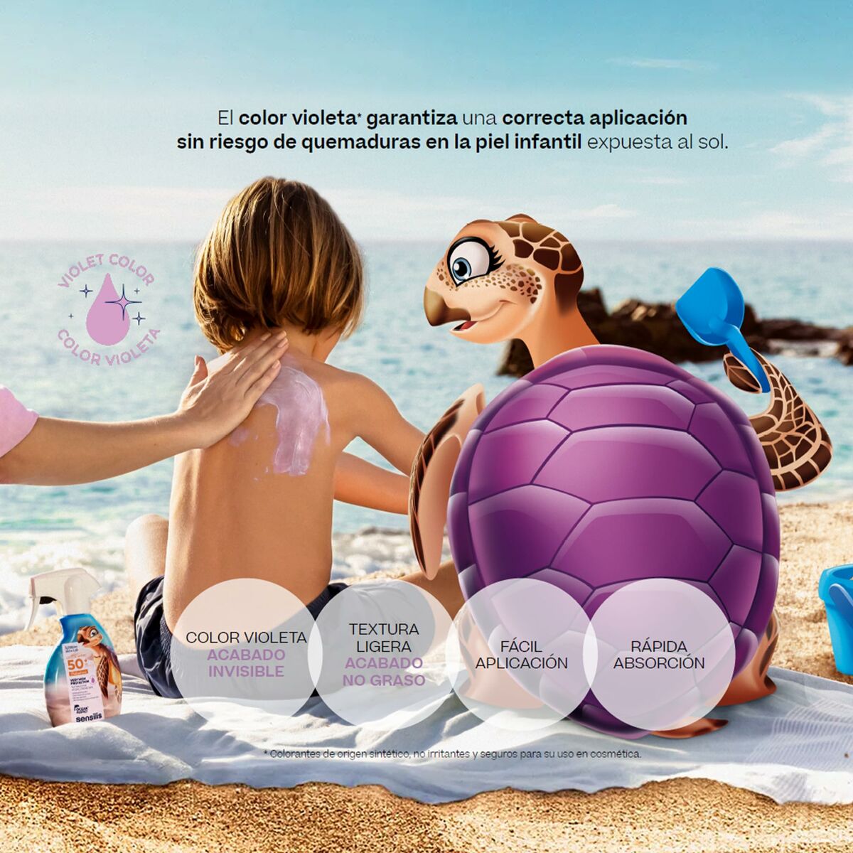 Enfant appliquant une crème solaire violette sur la plage avec une tortue jouet, soulignant sécurité et protection solaire.
