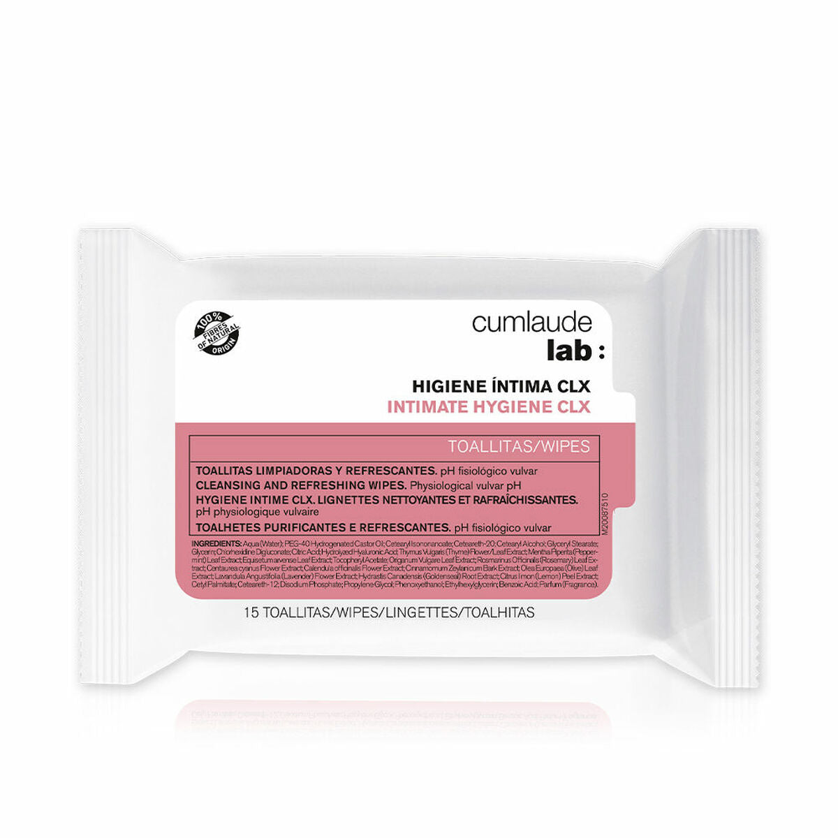Lingettes Intimes Cumlaude Lab CLX, 15 unités, lingettes dermocosmétiques pour hygiène intime féminine.