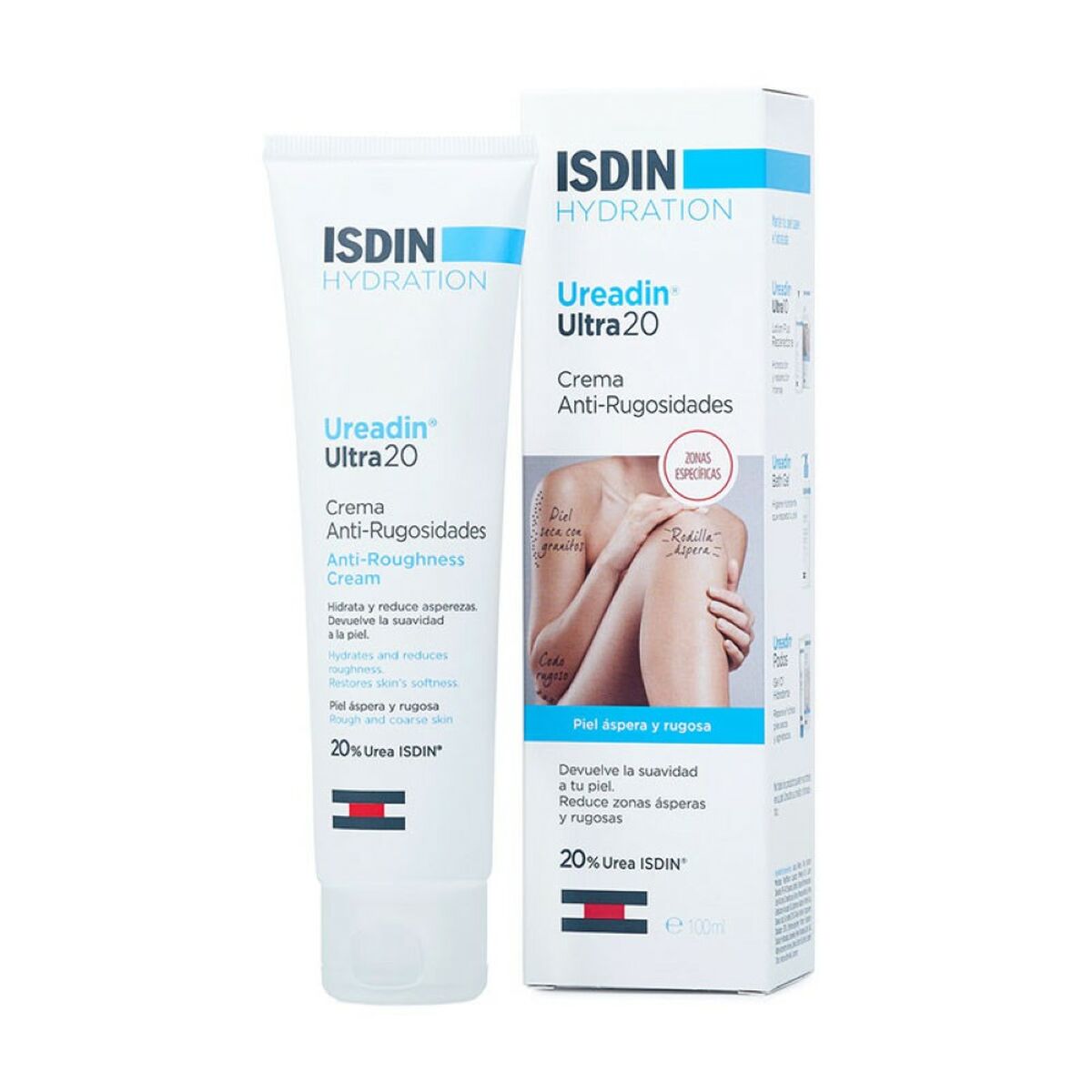Lotion corporelle Isdin Ureadin Ultra20, crème anti-rugosités pour peau hydratée et lisse.