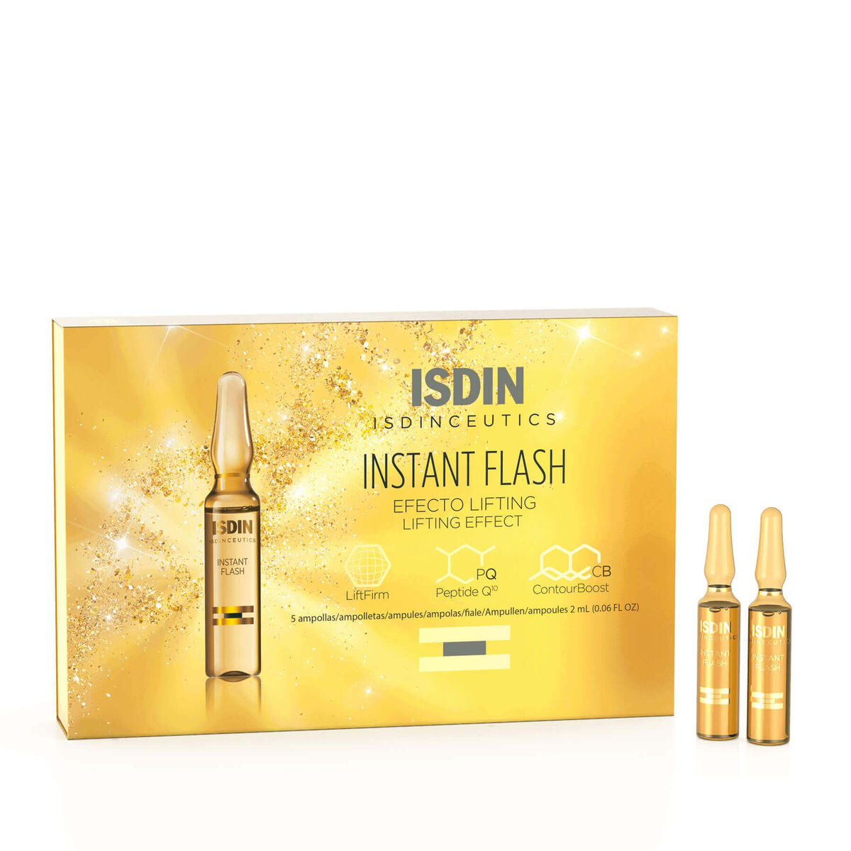 ISDIN Isdinceutics Instant Flash ampoules for lifting effect, 5 ampoules of 2 ml, in a gold package.