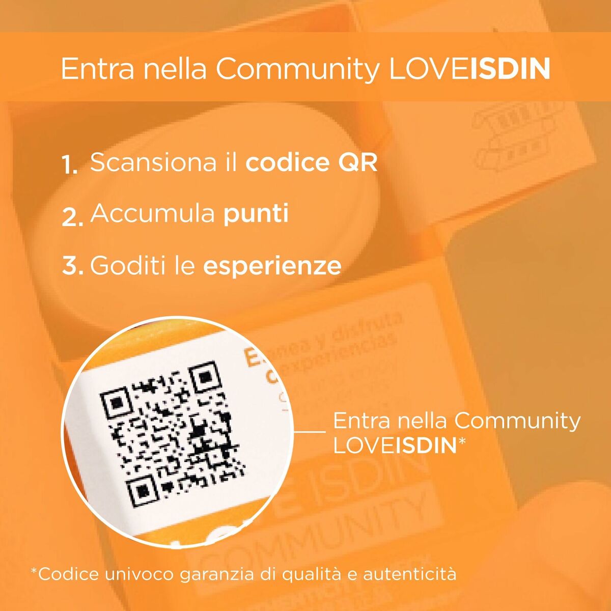 Image showing how to join LOVEISDIN community: scan QR code, accumulate points, enjoy experiences.