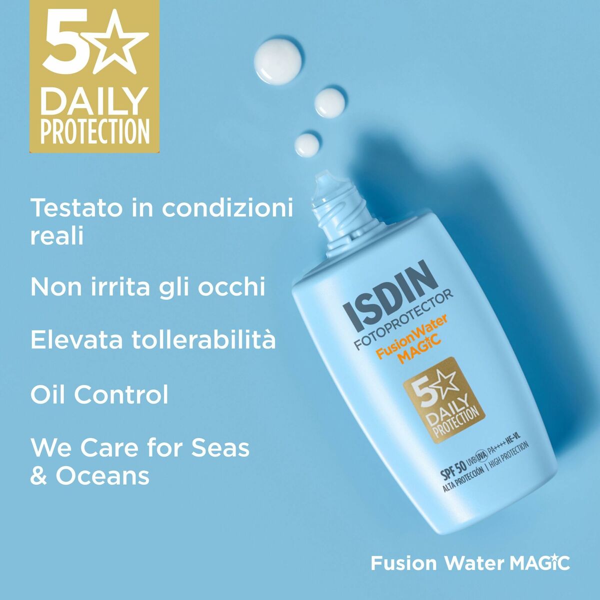 Protecteur Solaire Isdin FOTOPROTECTORES, fusion water, SPF 50, protection quotidienne, respectueux des océans.