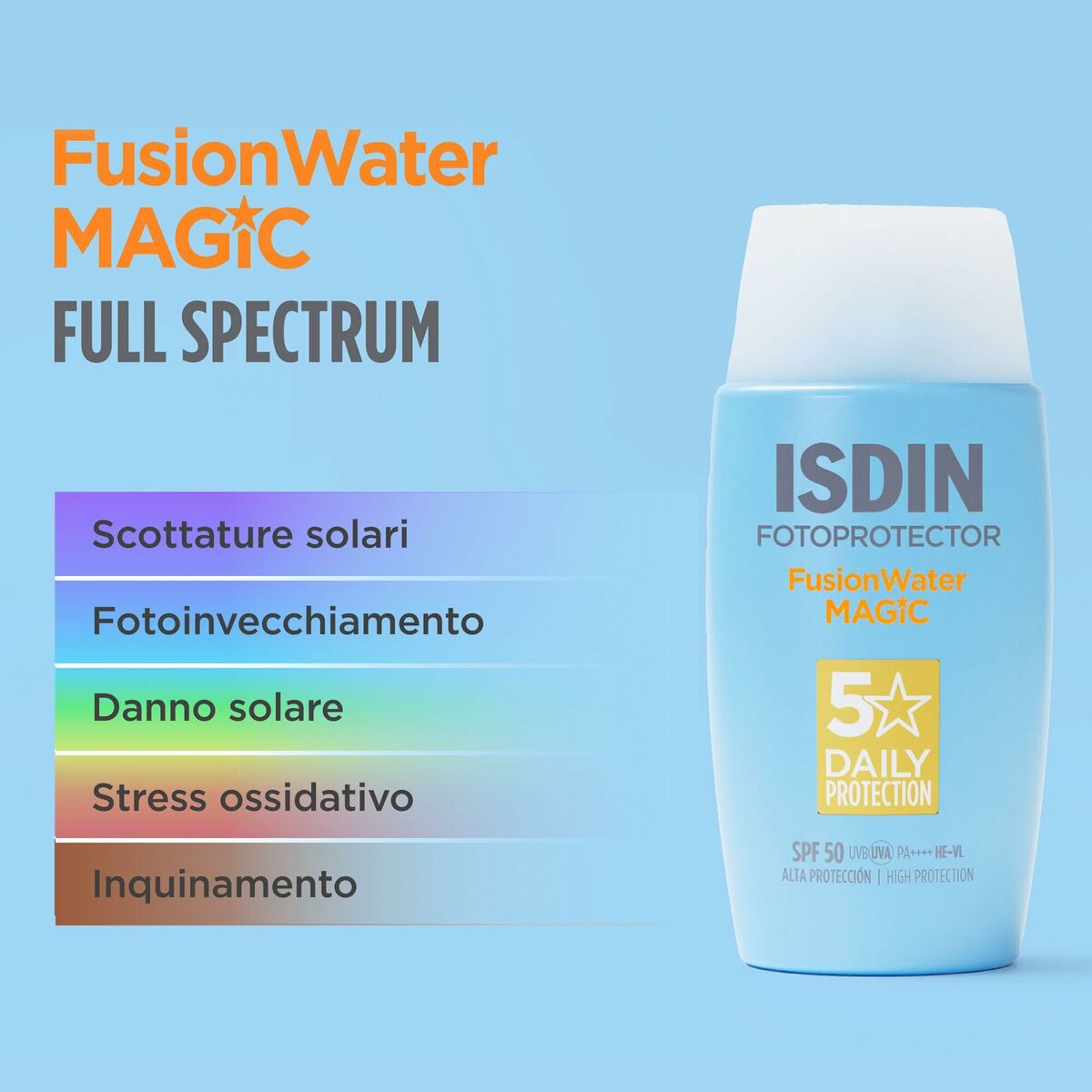 FusionWater MAGIC Isdin sunscreen with full spectrum protection against sunburn, photoaging, and oxidative stress, SPF 50.