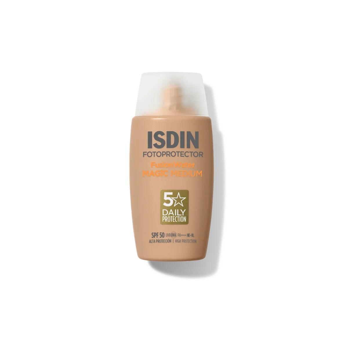 Isdin Fotoprotector sunscreen bottle with SPF 50, magic medium formula for high sun protection.