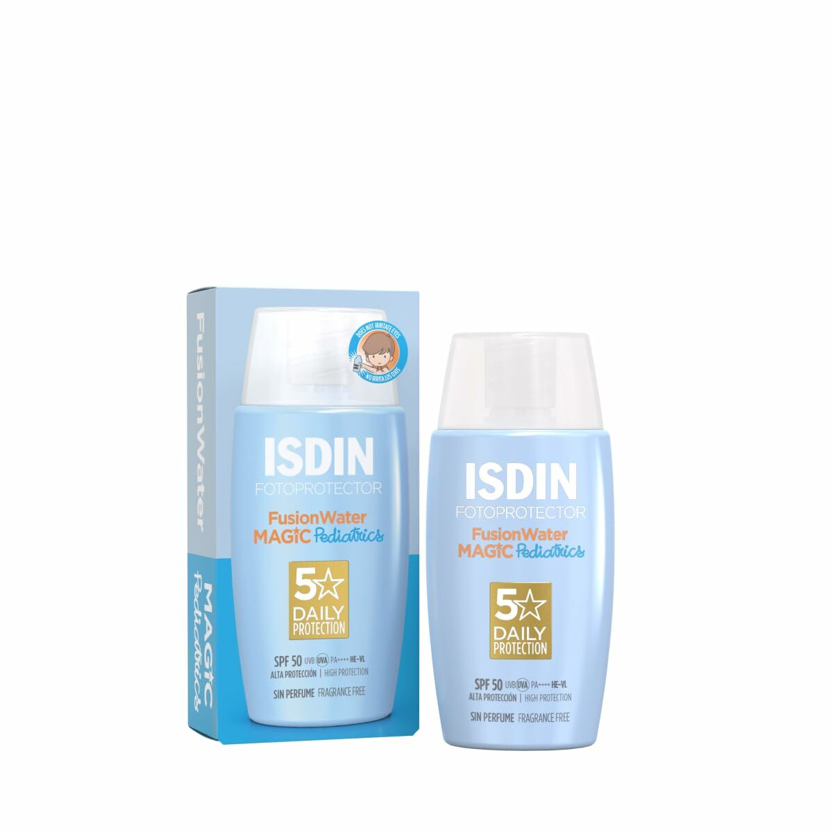 ISDIN Fotoprotector FusionWater Magic with SPF 50 for daily sun protection, featuring a lightweight formula.