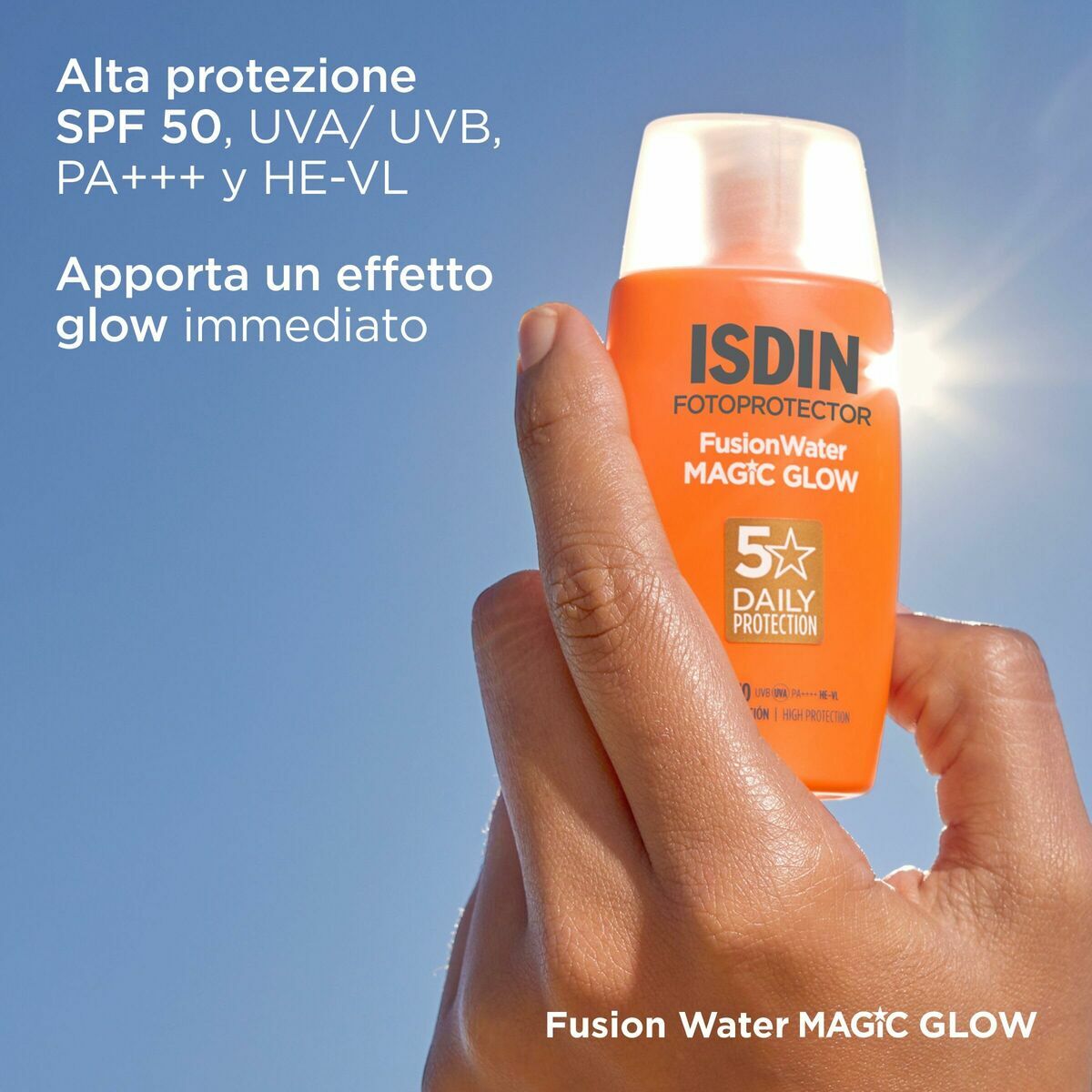 Protecteur solaire Isdin Fusion Water MAGIC GLOW avec protection SPF 50 pour un effet glow immédiat.