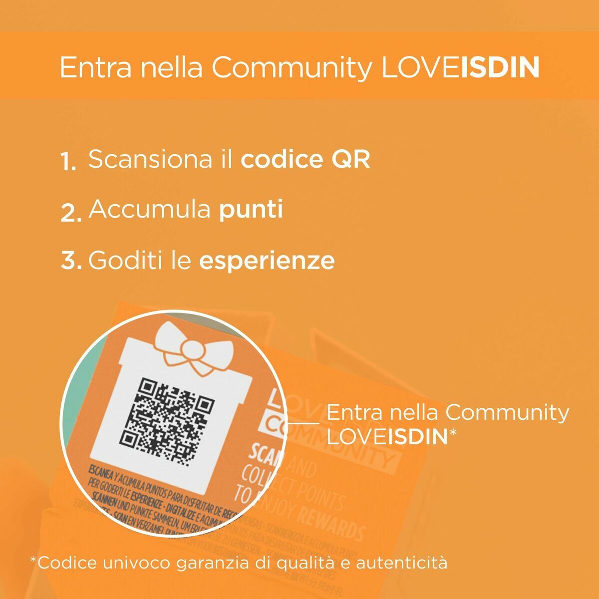 Instructions to join the LOVEISDIN community: scan QR code, earn points, enjoy experiences.