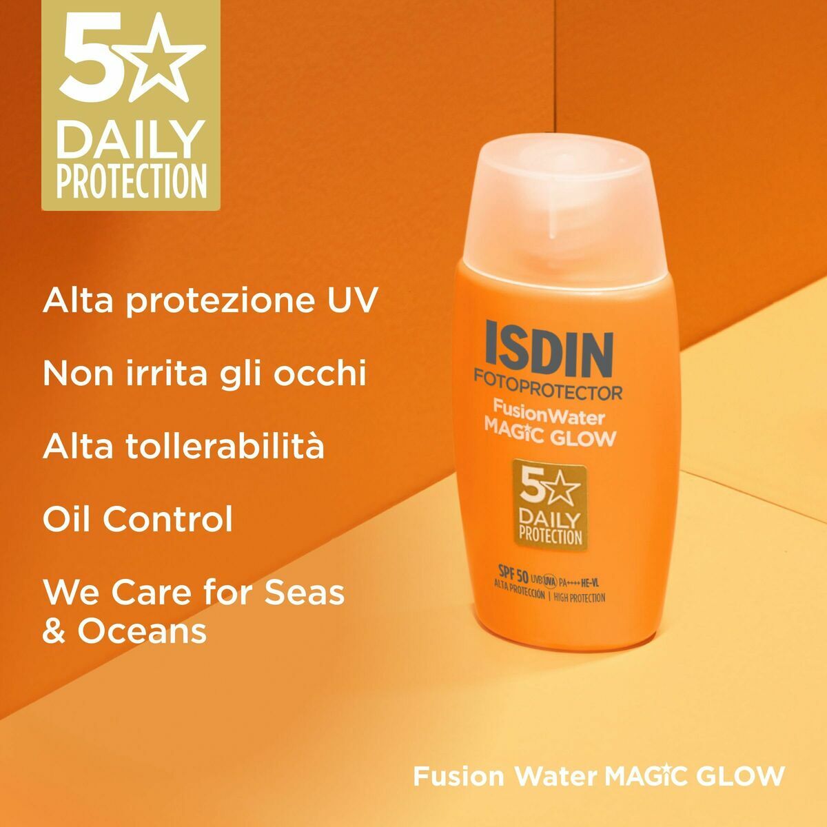Protecteur solaire Isdin Fusion Water MAGIC GLOW, haute protection UV, non irritant, contrôle de l'huile, durable pour l'environnement.