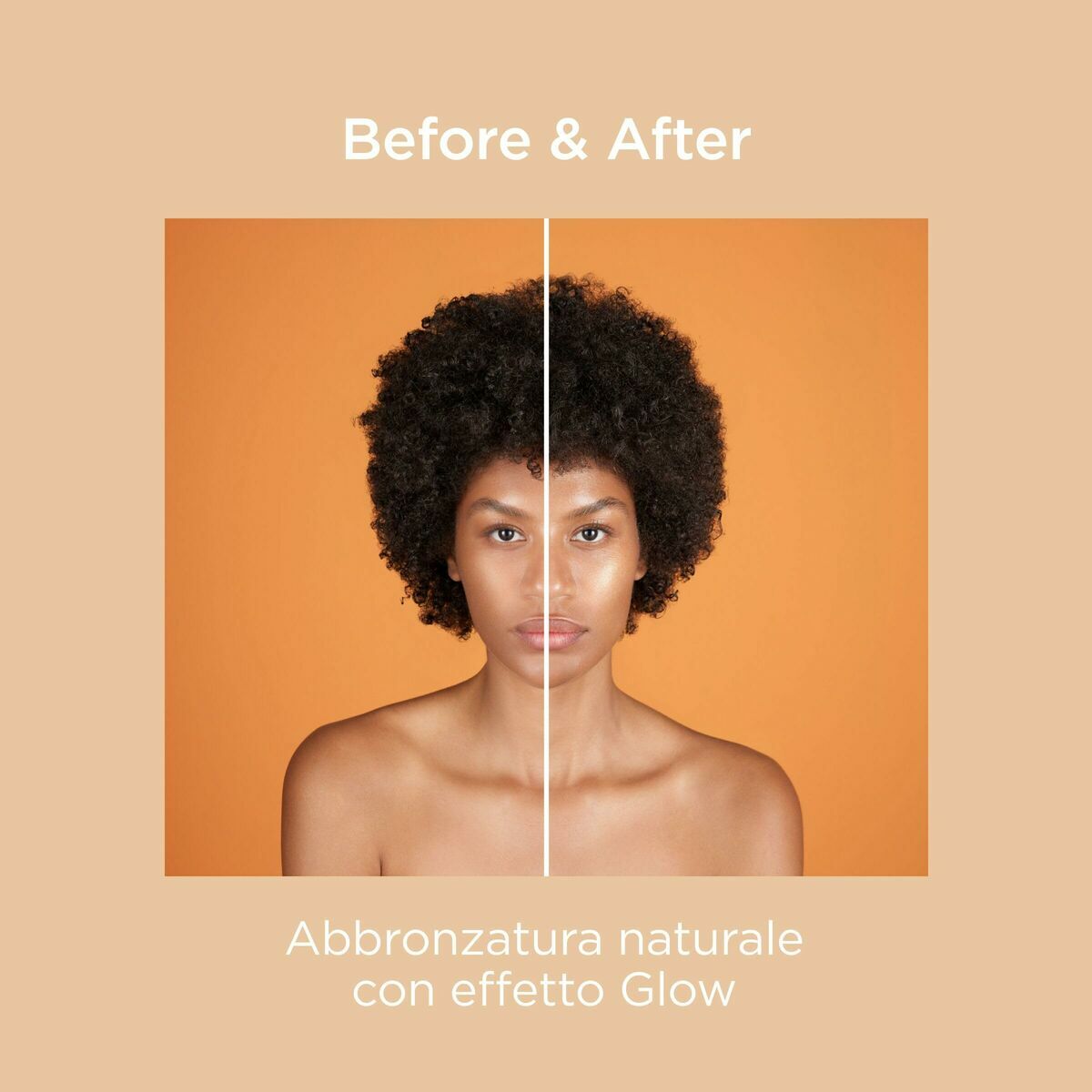 Before and after image showing natural glow tanning results on skin.