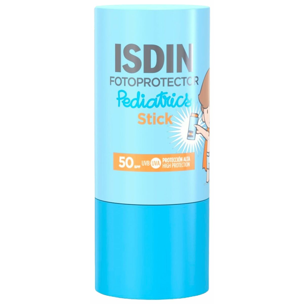 Stick de protección solar pediátrica ISDIN FOTOPROTECTOR con factor 50, packaging azul y diseño infantil.