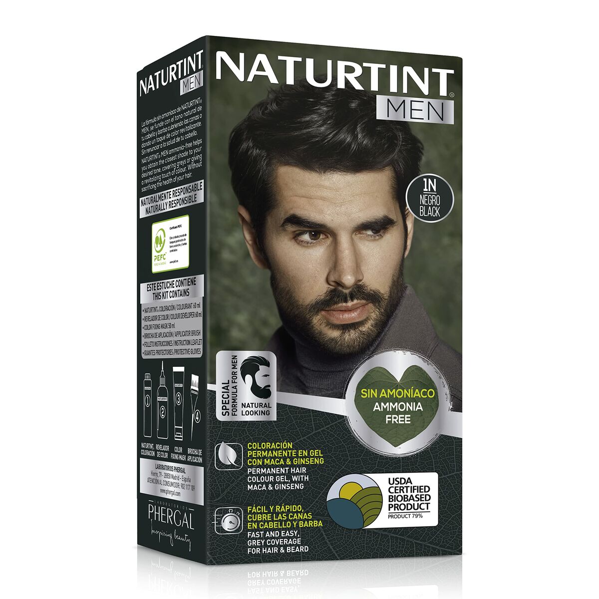 Teinture permanente Naturtint MEN Noir, couleur noir, sans ammoniaque, pour hommes, produit de coloration durable.