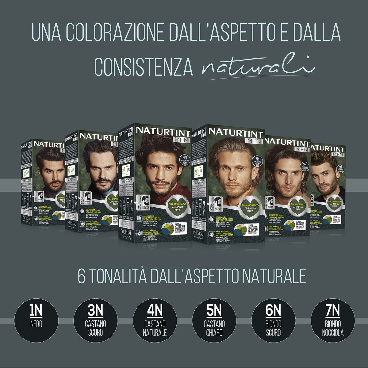 Gamme de teinture permanente Naturtint MEN avec 6 nuances naturelles pour hommes, affichant des résultats sans ammoniaque.