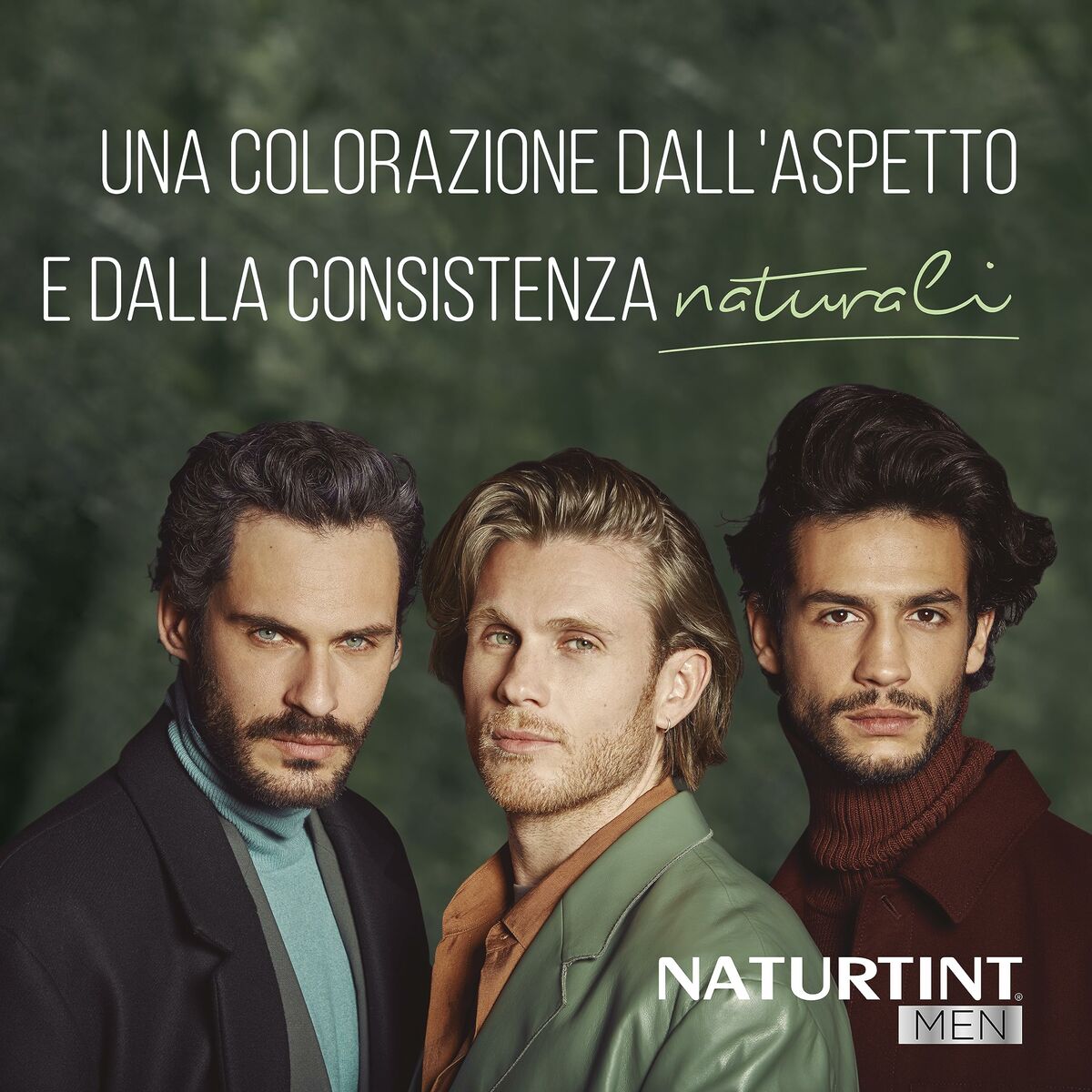 Trois hommes avec des cheveux colorés, promouvant la teinture permanente Naturtint Men pour un look naturel.