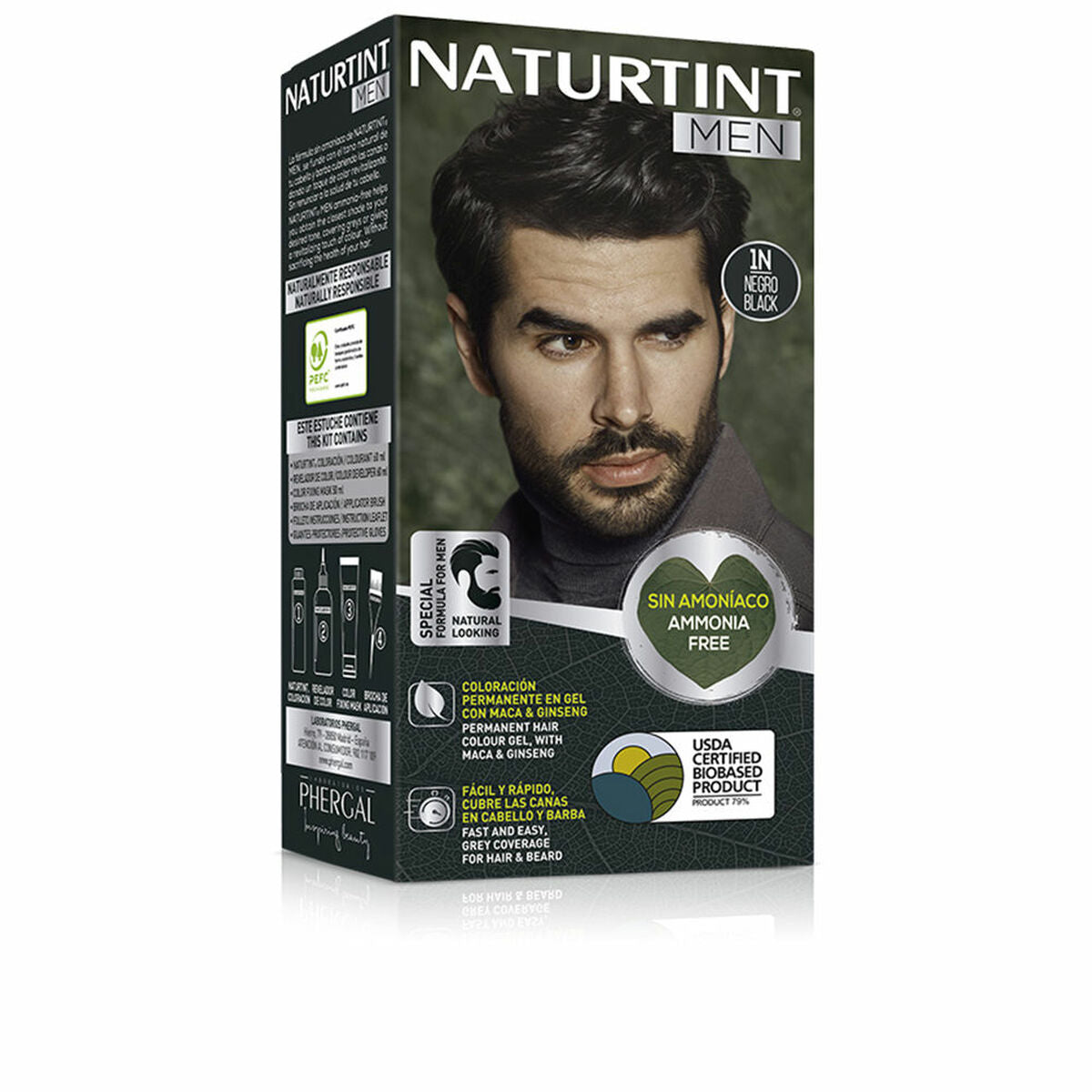 Teinture permanente Naturtint MEN Noir, sans ammoniaque, pour hommes, boîte avec modèle masculin, produit de coloration capillaire.