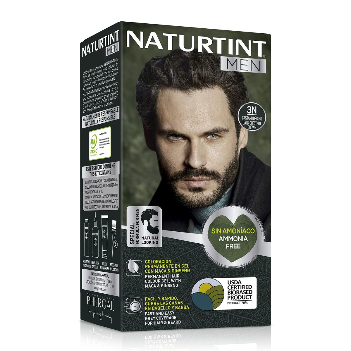 Teinture permanente Naturtint MEN 30, couleur chatain foncé, sans ammoniaque, pour homme.