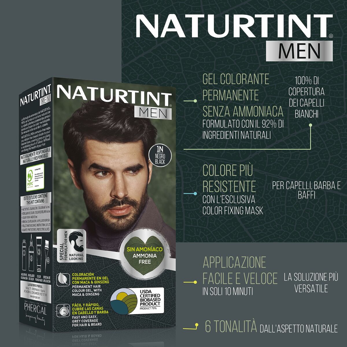 Naturtint MEN hair dye box, ammonia-free permanent gel for men, offers 100% gray coverage, fast application in 10 minutes.