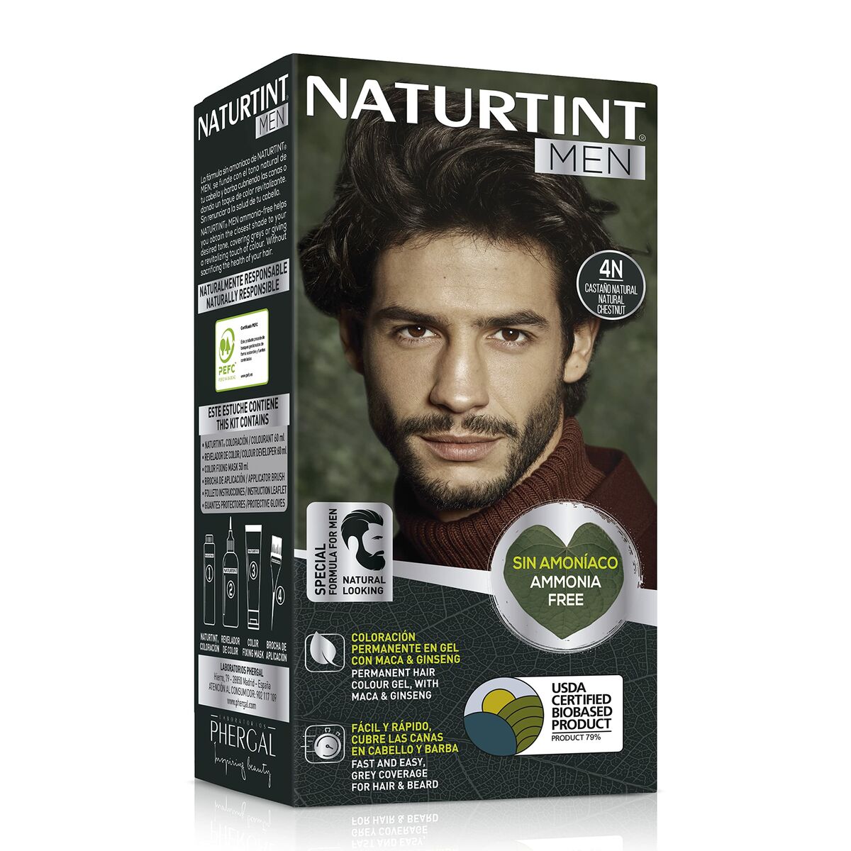 Teinture permanente Naturtint Men Nº 4n-Castano Natural, sans ammoniaque, pour hommes, packaging élégant.