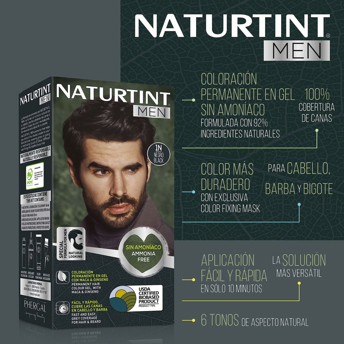 Teinture permanente Naturtint MEN Nº 4n-Castano Natural, sans ammoniaque, pour cheveux, barbe et moustache.