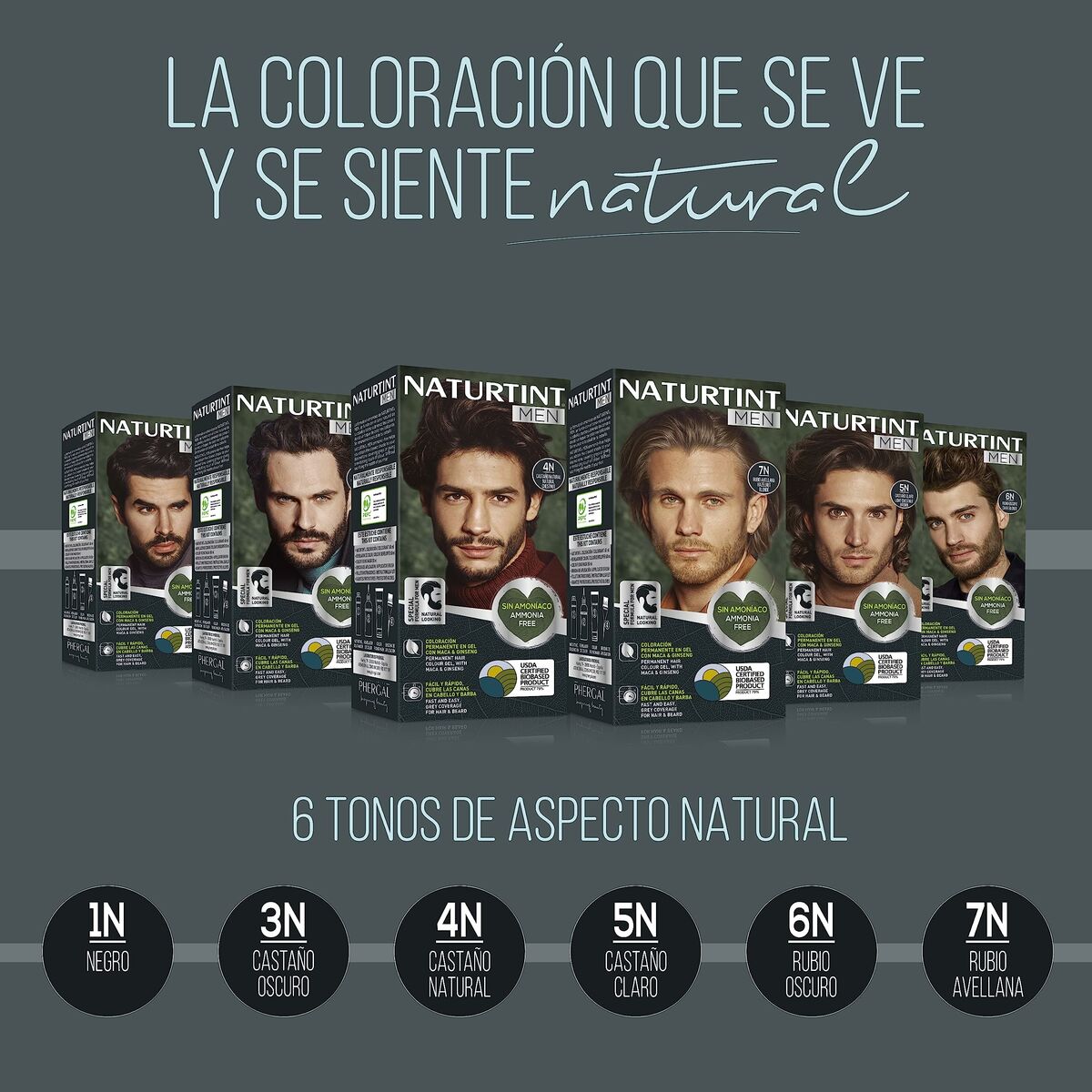 Pack of Naturtint Men hair color products showcasing 6 natural shades including 4N-Castaño Natural.