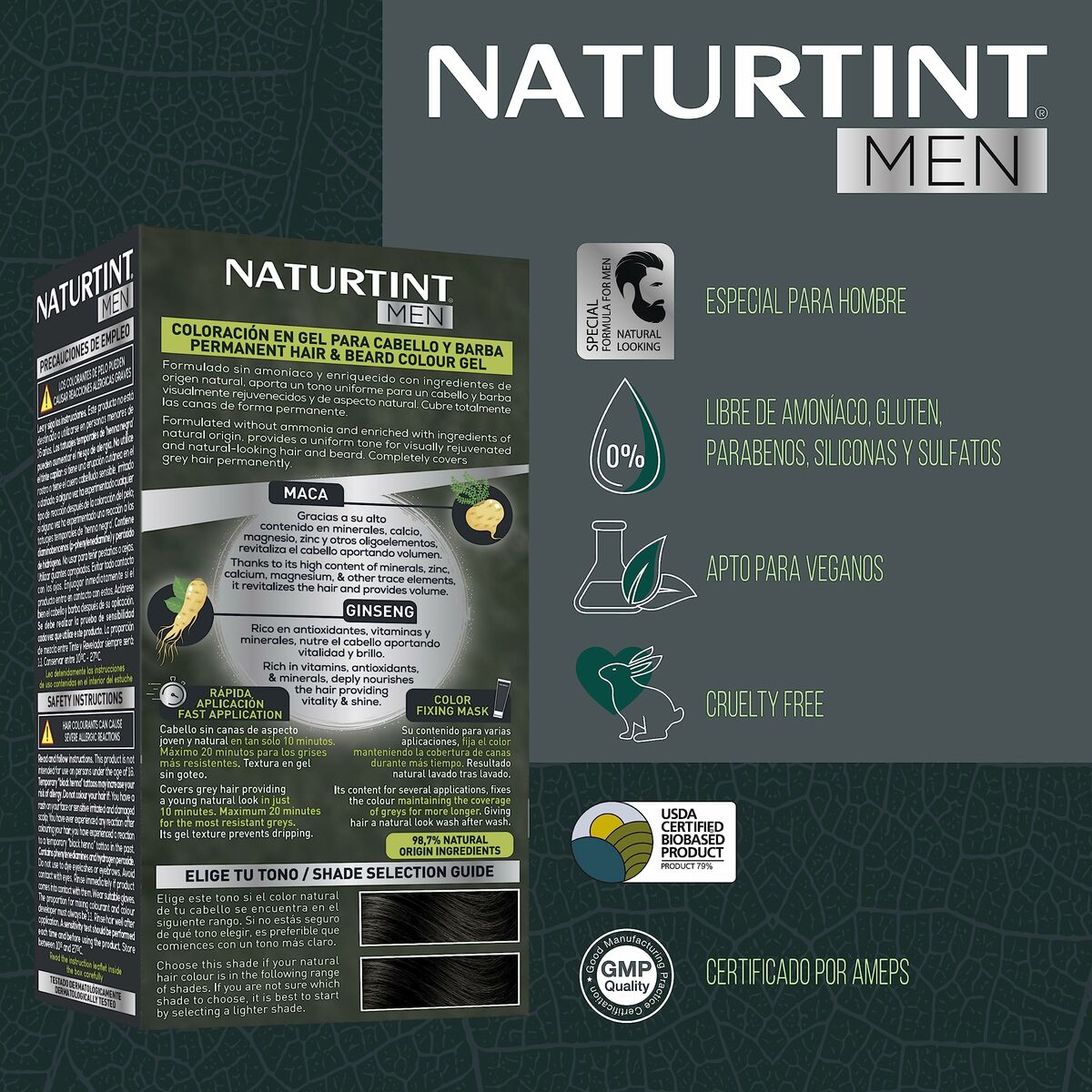 Teinture permanente Naturtint Men Nº 4n pour hommes, sans ammoniaque, vegan et cruelty-free, packaging détaillé.