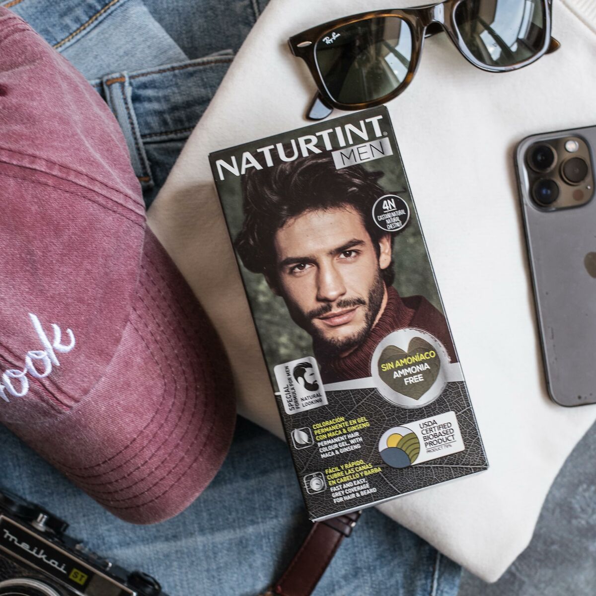 Teinture permanente Naturtint MEN Nº 4n-Castano Natural with packaging on a flat lay background.
