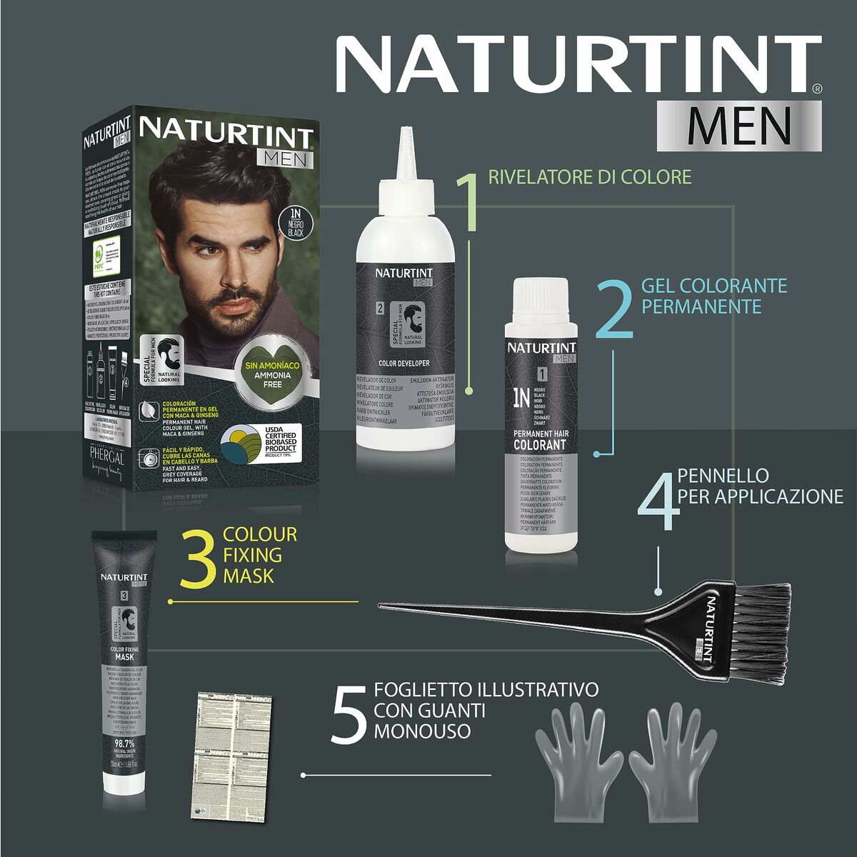 Naturtint Men 5 Light Brown permanent hair dye kit with color developer, fixing mask, and application brush.