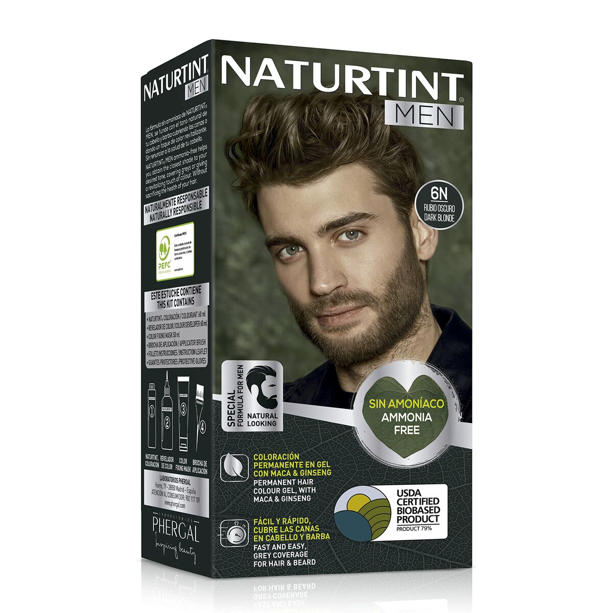 Naturtint Men 6-rubio oscuro hair dye packaging, ammonia-free formula for men.