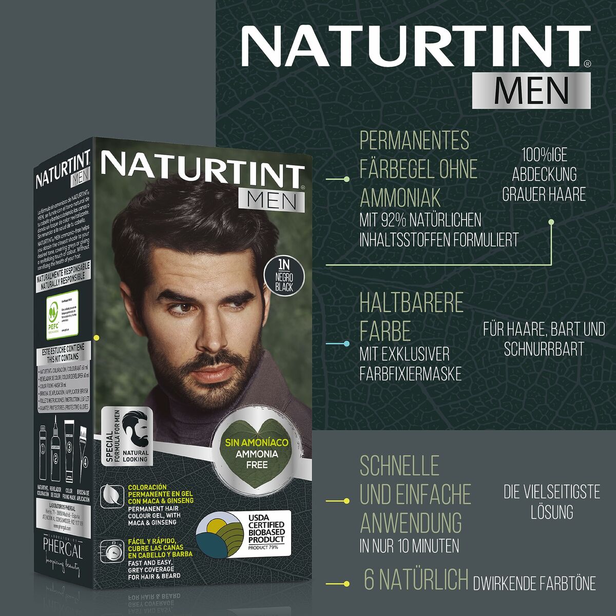 Teinture permanente Naturtint MEN 6-rubio oscuro, sans ammoniaque, 92% ingrédients naturels, pour hommes, couvrant les cheveux gris.