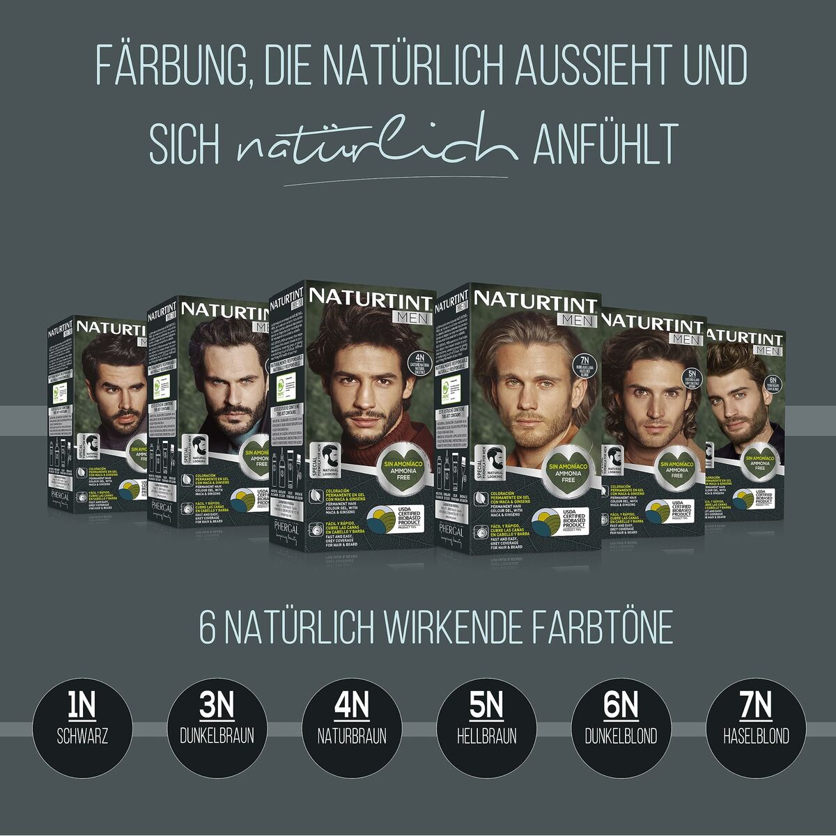 Naturtint Men hair dye products showcasing six natural shades for men, including 1N, 3N, 4N, 5N, 6N, 7N.