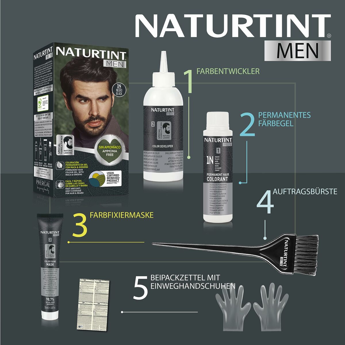 Teinture permanente Naturtint MEN 6-rubio oscuro kit with instructions, colorant, and tools for men's hair coloring.