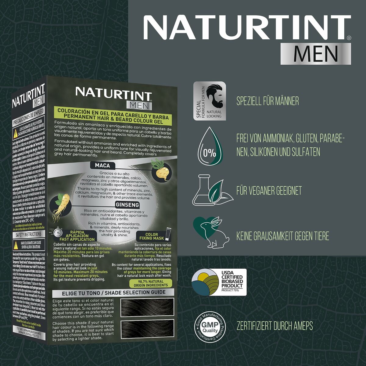 Naturtint Men permanent hair color box featuring ammonia-free formula and natural ingredients, suitable for men.