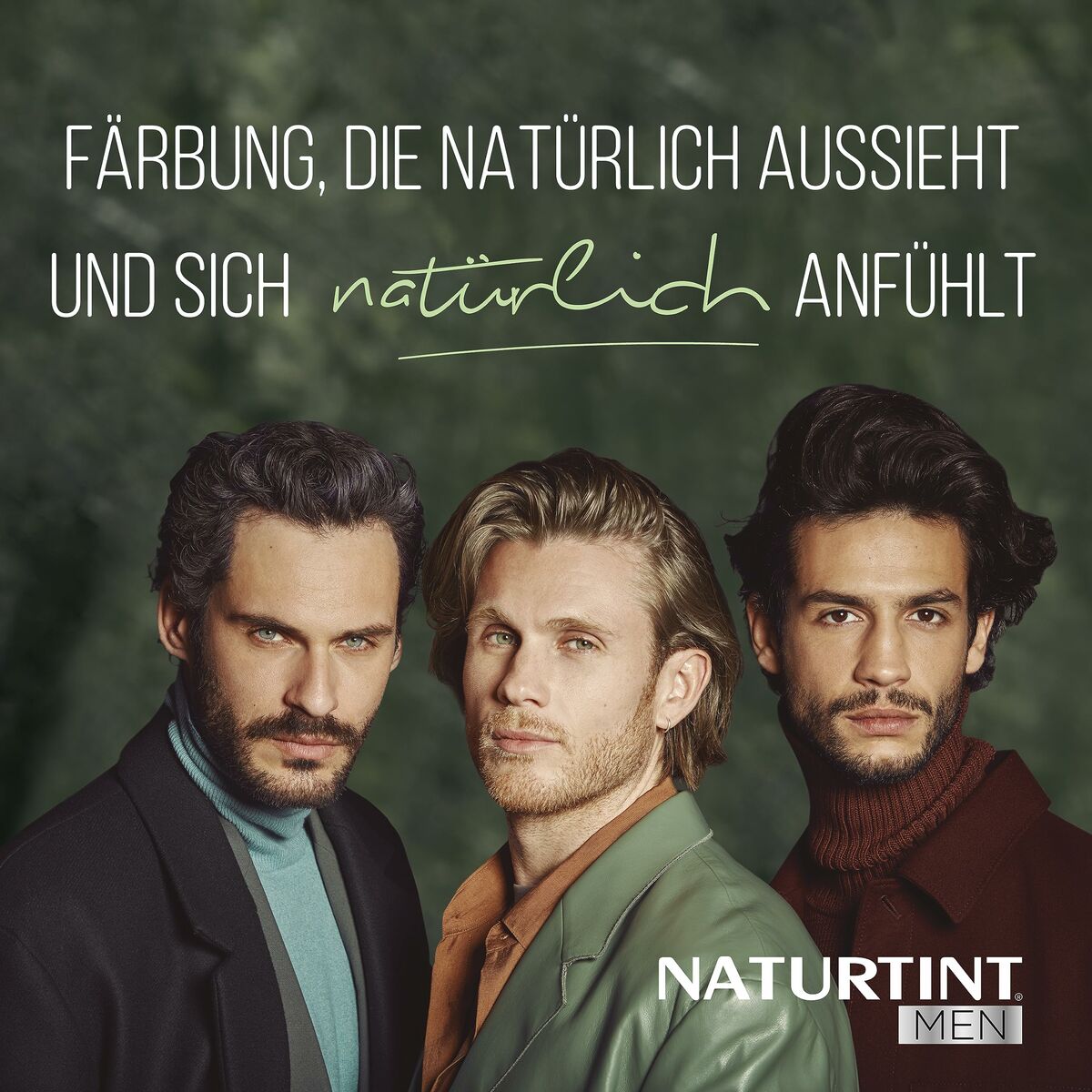Trois hommes présentant la teinture permanente Naturtint Men, mettant en avant des nuances naturelles et sans ammoniaque.