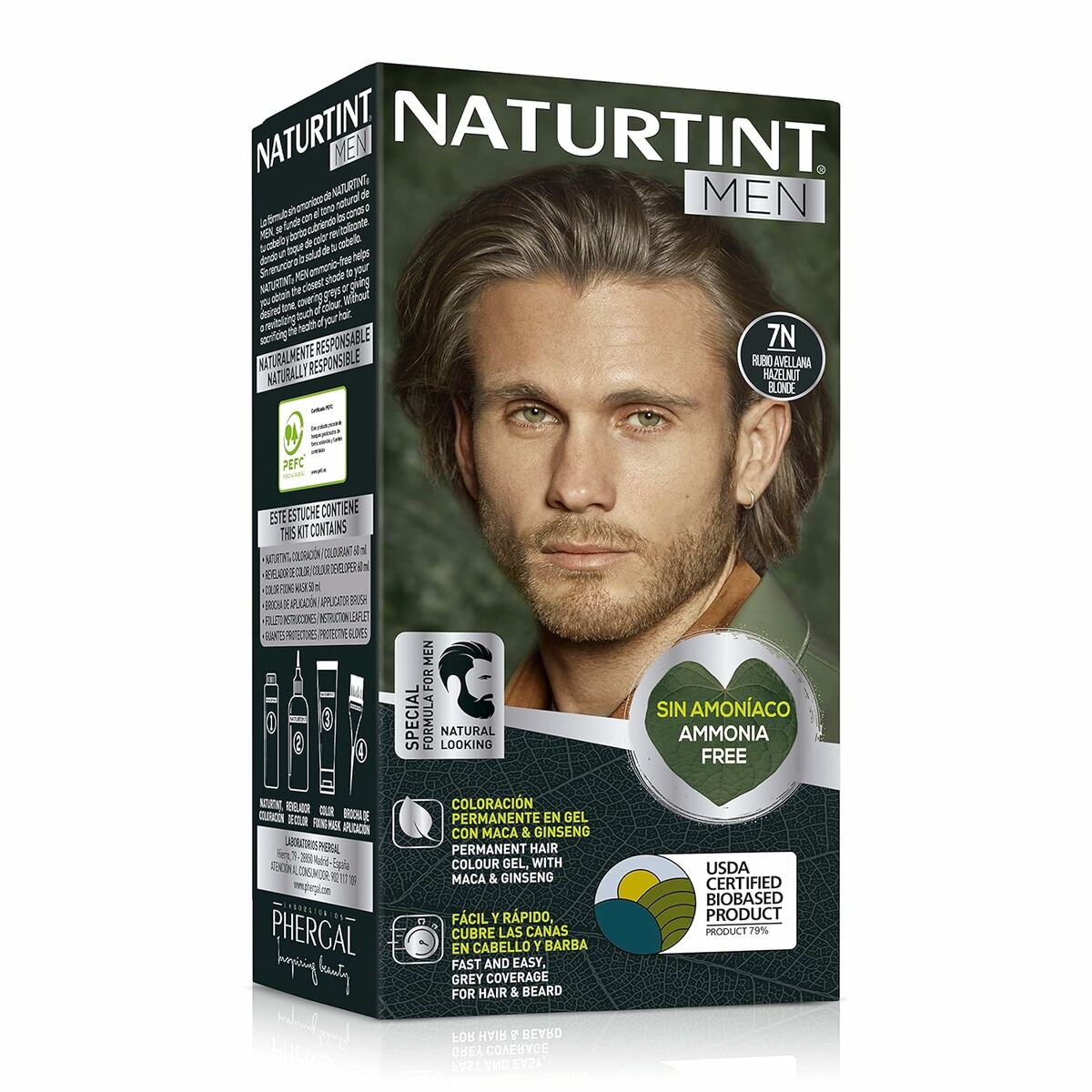 Teinture permanente Naturtint MEN Nº 7n-Rubio Avellana, sans ammoniaque, pour cheveux et barbe, packaging avec homme.