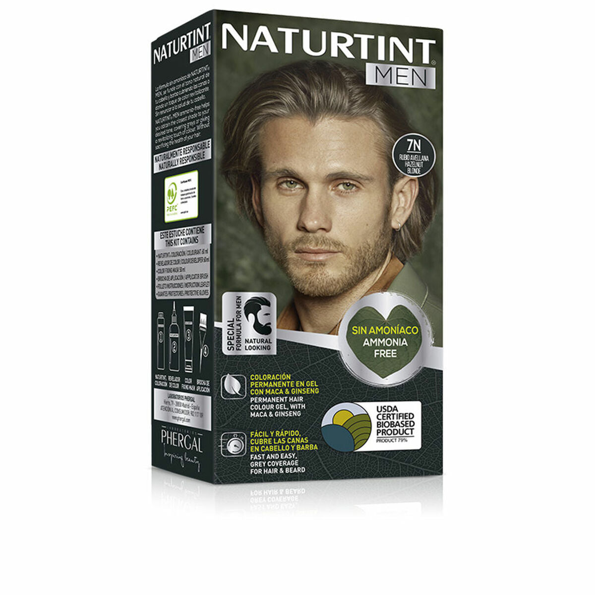 Teinture permanente Naturtint MEN Nº 7n-Rubio Avellana, coloration sans ammoniaque pour hommes.