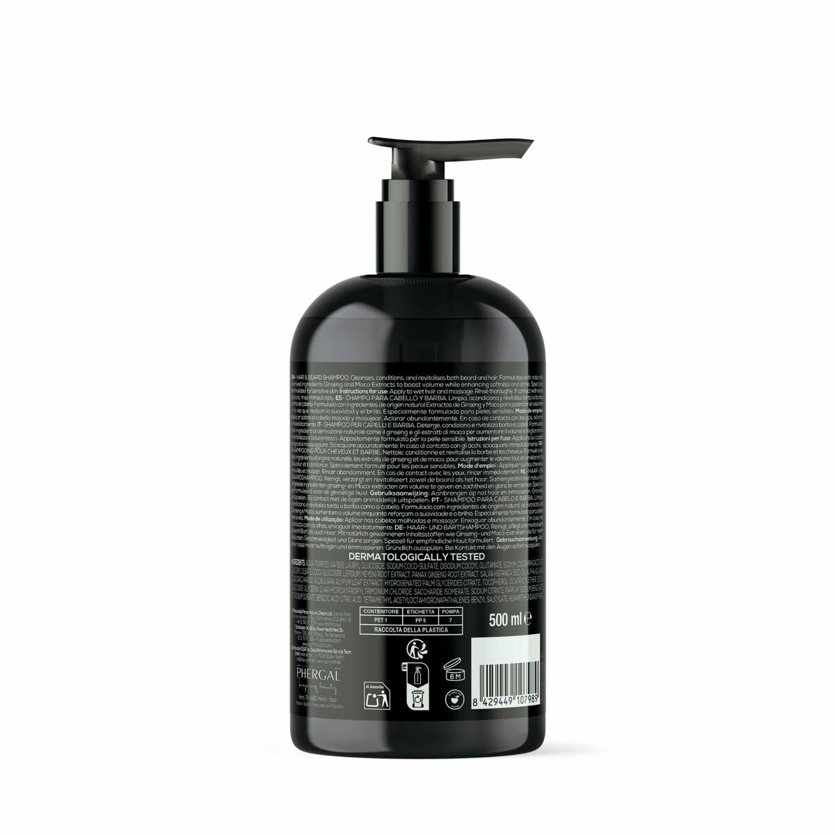 Back view of Naturtint MEN shampoo bottle, showing product details and label, 500ml, dermatologically tested.