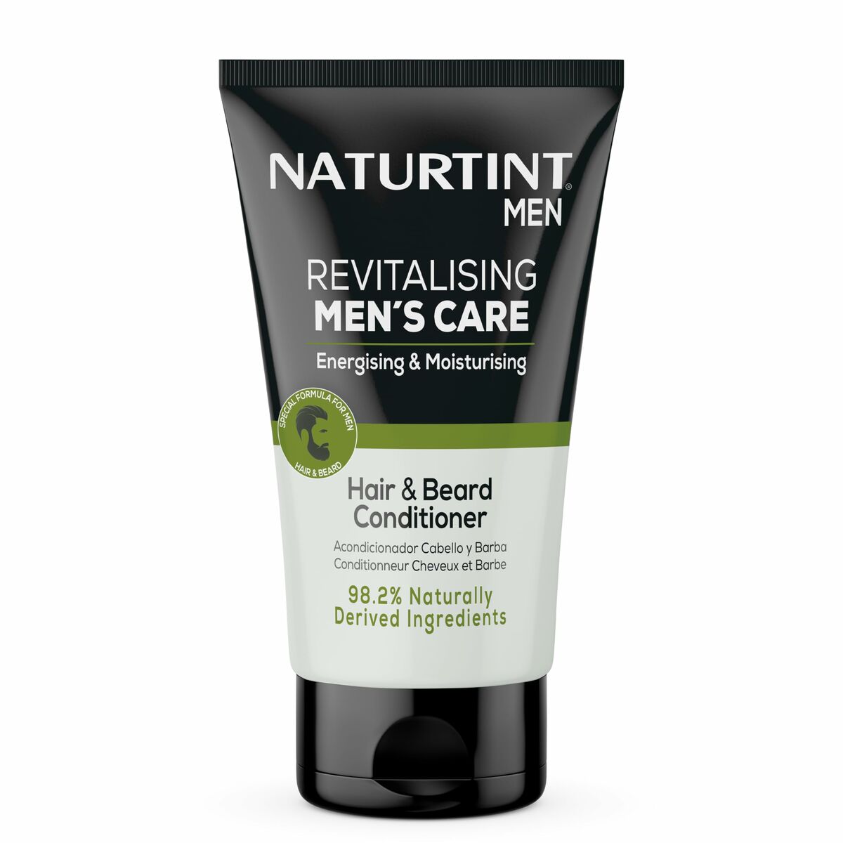 Naturtint Men revitalising hair and beard conditioner in a sleek tube, energising and moisturising with 98.2% natural ingredients.